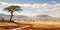 sunny blue sky in the Savannah in Africa landscape. white clouds. vast landscape with trees and mountains.