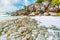 Sunny bright day at La Digue island. Unique granite rocks coastline landscape at Seychelles