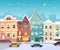 Sunny City street at Winter. Cartoon buildings.