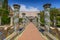 Sunny cloister of the Clarisses decorated with majolica tiles from Santa Chiara Monastery in Naples, Italy