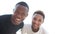 Sunny close portrait of two African American young men. Happy students smiling, black man