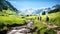 Sunny day in Alps, candid photo group of people hiking together in mountains, walking by river stream