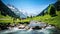 Sunny day in Alps, candid photo group of people hiking together in mountains, walking by river stream