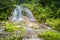 Sunny day in the field with crystal clear water and waterfall