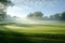 On a sunny day, a foggy golf course emerges with its lush greens and golfers navigating through the misty atmosphere, A misty