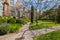 Sunny day in green european courtyard. Modern residential complex in Barcelona, Spain