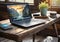 Sunny day new modern laptop on shabby wooden side table, bokeh background, digital photo in grunge style, highly detailed