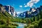 Sunny Day Overlooking Yosemite Valley of a perfect day in this natural wonder. AI Generated