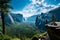 Sunny Day Overlooking Yosemite Valley of a perfect day in this natural wonder. AI Generated