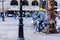 Sunny day with People on the Ramblas del Mar drawbridge in Barcelona, â€‹â€‹Spain