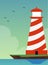 Sunny day seashore landscape with beacon or lighthouse flat vector illustration.