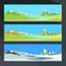Sunny day in the valley of a mountain river in different seasons. Vector illustration.
