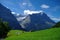 Sunny day view to the mountains vally and Mittelhorn and Mattenberg summit from road to First Grindelwald  Jungfrau region,