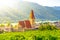 Sunny day in Wachau Valley. Landscape of vineyards and Danube River at Weissenkirchen, Austria