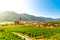 Sunny day in Wachau Valley. Landscape of vineyards and Danube River at Weissenkirchen, Austria