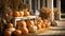 Sunny decorated country store porch with fall pumpkins, autumn gourds and seating - generative AI