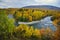 Sunny fall autumn view of Abisko National Park, Kiruna Municipality, Lapland, Norrbotten County, Sweden, with Abiskojokk river,