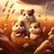 In a sunny field, a group of adorable hamsters