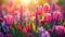 Sunny Field Spring Bloom: Defocused Abstract Background of Tulips and Hyacinth Flowers