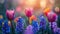 Sunny Field Spring Bloom: Defocused Abstract Background of Tulips and Hyacinth Flowers