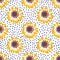 Sunny flowers in white, yellow, purple colors. White background with dots on botanic seamless pattern
