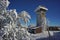 Sunny and frosty winter views - lookout tower behind white tree branches covered by snow and hoarfrost