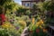 sunny garden, with towering plants and colorful blooms, bringing color to the space