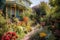 sunny garden, with towering plants and colorful blooms, bringing color to the space