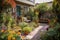 sunny garden, with towering plants and colorful blooms, bringing color to the space