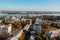 Sunny golden autumn Voronezh. Aerial view from skyscraper roof height