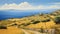 Sunny Greek Island Landscape Painting With Wheat Fields And Ocean