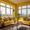 A Sunny Haven: A Yellow-themed Living Room with a City View. Generative AI