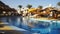 Sunny Hotel Resort with Blue Pool, Palm Trees and Sunbeds in Egypt