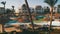 Sunny Hotel Resort with Blue Pool, Palm Trees and Sunbeds in Egypt