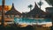 Sunny Hotel Resort with Blue Pool, Palm Trees and Sunbeds in Egypt