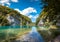 Sunny lake landscape in Plitvice natural Park
