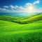 Sunny landscape with green field and clear blue Beautiful panoramic natural