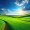 Sunny landscape with green field and clear blue Beautiful panoramic natural