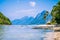 Sunny Marimegmeg Beach in Low Tide in El Nido, Palawan, Philippines