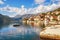 Sunny Mediterranean landscape. Montenegro, Bay of Kotor, view of Perast town