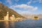 Sunny Mediterranean landscape. Montenegro. Beautiful view of Bay of Kotor and two small islands