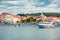 Sunny morning cityscape of popular summer resort Porec. Beautiful spring seascape of Adriatic Sea. Bright  scene of Istrian