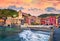 Sunny morning cityscape of Vernazza port with Santa Margherita di Antiochia Church. Colorful summer scene of Liguria, Cinque Terre