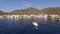 Sunny Morning in an empty Greek marina, Methana, Mediterranean Sea. Aerial video shooting, the height of a bird`s flight