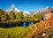 Sunny morning scene of Grindjisee lake. Bright summer view of Matterhorn Monte Cervino, Mont Cervin peak in Swiss Alps, Zermatt