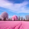 Sunny morning sky with a tale landscape, happy atmosphere, candy floss pink colors