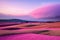 Sunny morning sky with a tale landscape, happy atmosphere, candy floss pink colors