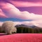 Sunny morning sky with a tale landscape, happy atmosphere, candy floss pink colors