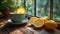 Sunny morning tea time, a green cup with lemon slice on a rustic windowsill overlooking a garden