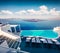 Sunny morning view of Santorini island. Picturesque spring scene of the famous Greek resort Thira, Greece, Europe.